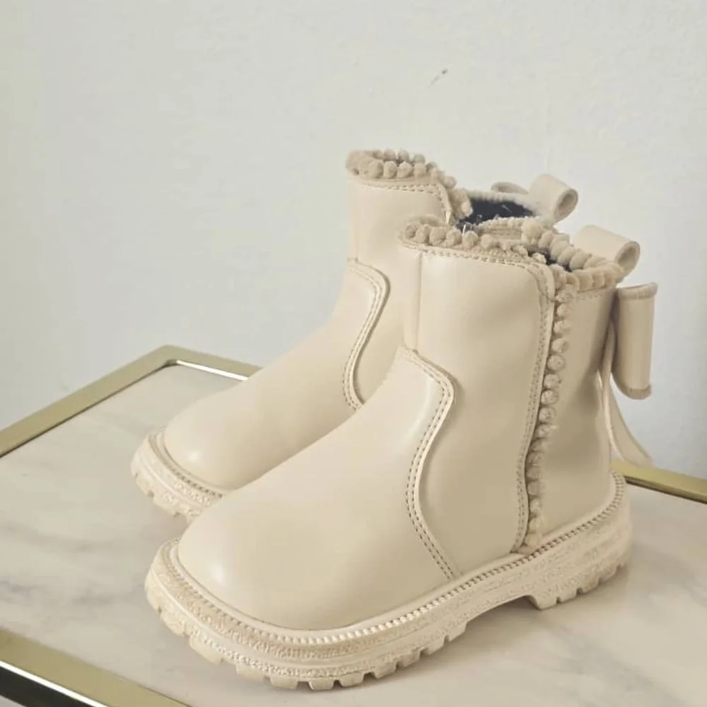Girls Bow Decor Thermal Lined Beige Ankle Boots With Slide Zipper US 10-10.5